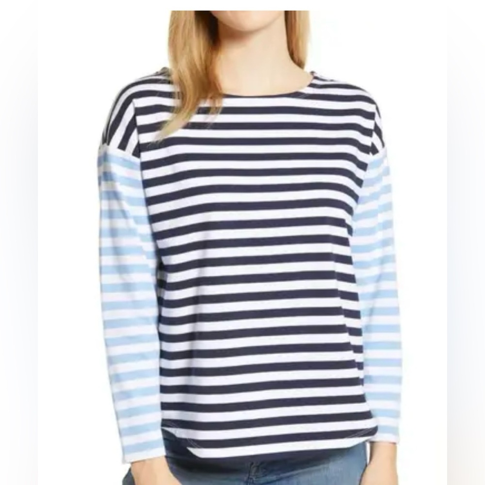 Vineyard Vines two tone blue striped boat neck top